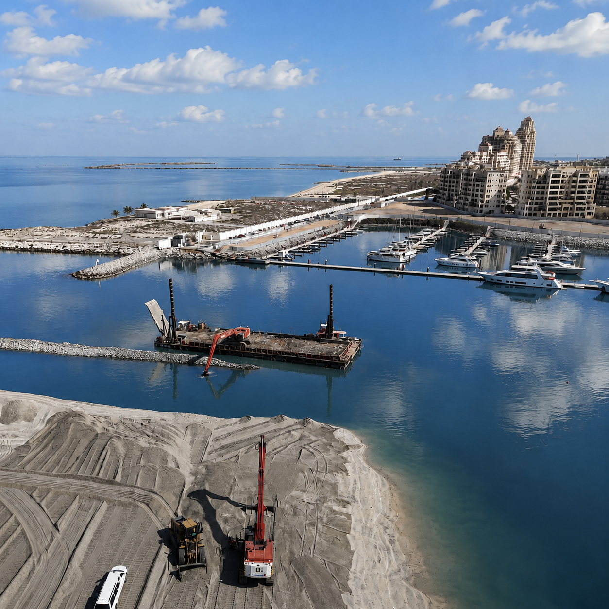 Marine construction and coastal infrastructure development with dredging equipment and marina facilities.